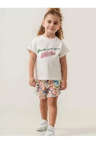 Kız Çocuk Pamuklu Dokuma Şort T-shirt Takım-15881 Çok Renkli