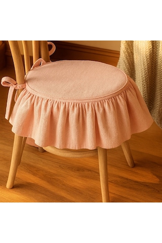 El Yapımı Yuvarlak Buldan Yıkanmıs Keten Fırfırlı Sandalye Minderi Pembe Pembe