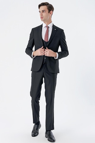 İmza Siyah Mono Yaka Çift Yırtmaç Yelekli 6 Drop Slim Fit Dar Kesim Basic Takım Elbise 1001245186 Siyah