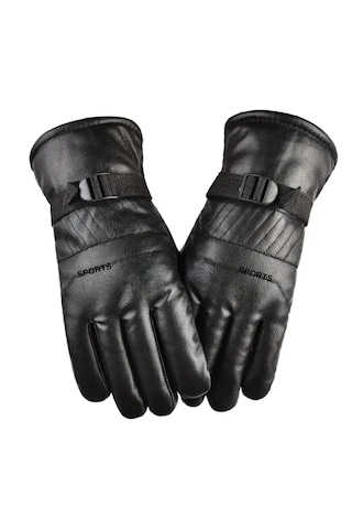 Erkek Su Geçirmez İçi Peluş Polarlı Üstü Deri Kaplama Eldiven Kışlık Termal Kayak Kar Eldiveni Siyah