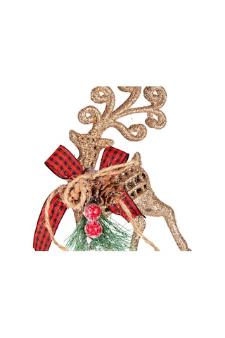 Yılbaşı Ağaç Süsü Ekose Desenli Kurdelalı Simli Geyik Gold 8x15 Cm.