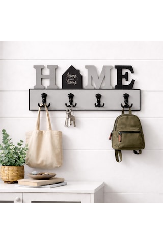Dyris Home Sweet Home Duvar Askılığı 45x20 Cm Mdf 4 Kancalı Dekoratif Askılık, Antre Ve Hol İçin Gri - Siyah