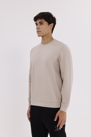Rowinger Petek Yüzeyli Bisiklet Yaka Rahat Kalıp Lastik Manşetli Mevsimlik Sweatshirt Beıge