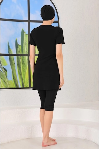 Gizil - Yarı Kapalı Likralı Sarı Beyaz Garnili Tesettür Mayo Sarı - Siyah