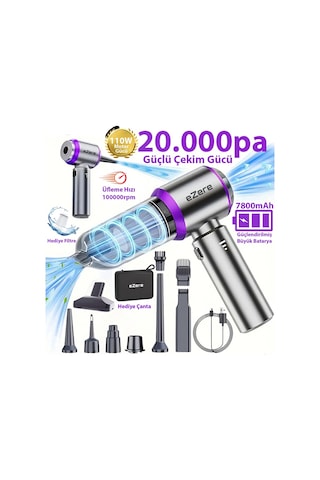 Ezere 20000pa Güçlü Portatif Taşınabilir Vakumlu Kablosuz Üflemeli Mini Araç Süpürgesi