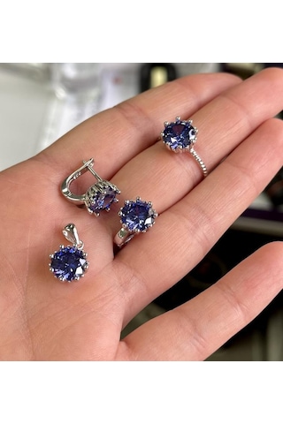 Silver Point Lacivert Taşlı Üçlü Set Gümüş