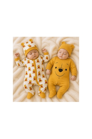 By Murat Baby Winnie The Pooh Baskılı 2'li Bebek Tulum Seti Şapkalı sarı