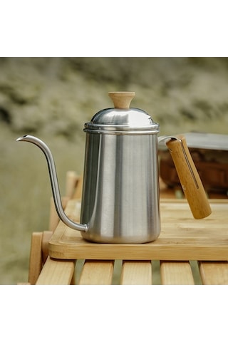 Fastbuy 304 Paslanmaz Çelik 650ml Taşınabilir Kahve Demleme Cezvesi, Ahşap Saplı Uzun Burunlu Gümüş Renkli Gümüş