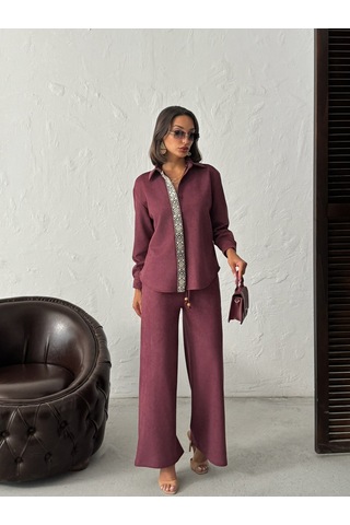 Verymoda Şerit Detaylı Scuba Süet Pantolon F1972 Bordo