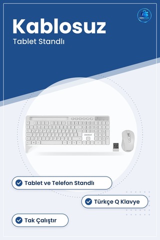 Mouse Klavye Seti Kablosuz Tablet Telefon Standlı Beyaz Q Düzen T Optik