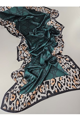 Miorel Scarfs Leopar Tema Cd Tema Vual İpek Şal Aksesuar Fular Silk Scarfs Shawl Hijab Yeşil