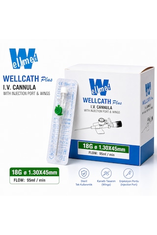 Wellmed Wellcatch Plus 18g Yeşil İ.v. Branül 1.30 45 Mm Portlu Kanatlı Steril 500 Adet
