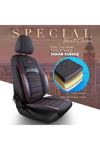 Panda Special Serisi Jakar Kumaş Oto Koltuk Kılıfı - Siyah - Kırmızı