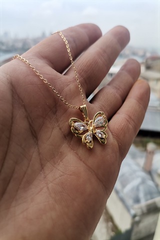 Ervanur Altın Kaplama Beyaz Zirkon Taşlı Kelebek Kolye Altın
