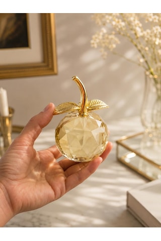 Kristal Elma Biblo Gold Yapraklı Dekoratif Cam Obje 10.5 Cm Şık Masa Üstü Salon Ofis Ev Dekoru