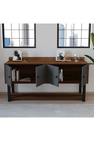 Robin Home Grand Ofis Konsol 4 Kapaklı Metal Ayaklı Barok-Antrasi Kahverengi