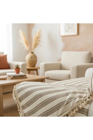 Premium Keten Kahverengi Çizgili Bej Ponponlu Koltuk Örtüsü 170 X 220 Kahverengi - Bej