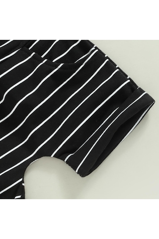 Haki Erkek Bebek Yaz Kıyafetleri Çizgili Kısa Kollu Kapşonlu Kazak Ve Günlük Elastik Büzgülü Şort Takım 0 - 6 Ay Haki