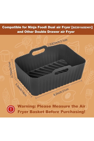 Youmex Ninja Foodi Dz201 Çift Hava Fritözü İçin Yeniden Kullanılabilir Silikon Liner - 8 Quart, Kaymaz - 2 Adet Siyah Siyah