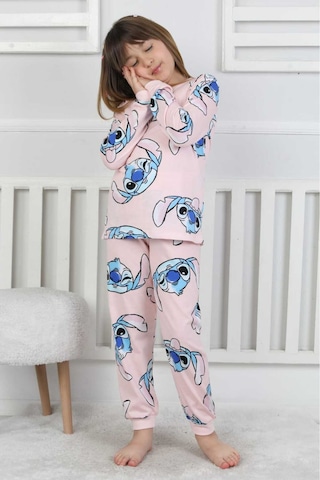 Sevimli Karakter Baskılı %100 Pamuklu Kız Çocuk Pijama Takımı - Pembe Penye Mevsimlik Takım Pembe