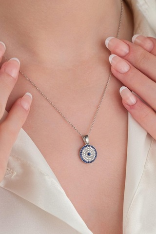 12 Mm Gümüş Mavi Göz Nazar Boncuklu Boncuğu Zirkon Taşlı Kolye