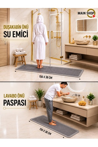 Mainshop Yazısız Model Mutfak Paspası Sihirli Su Emici Banyo Paspası Kaymaz Tabanlı 156x38 Cm M-61 Gri