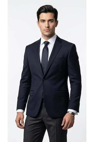 Plus Scorpion Erkek Blazer Ceket Twill Dokuma Likralı Notch Yaka 1 Düğmeli Çift Yırtmaçlı Slim Fit Lacivert