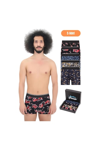 Andredimoda Erkek Pamuklu Likralı Boxer 5'li Premium Paket Çeyizlik Özel Dizayn Desenli Desenli