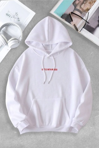 Macklin Unisex Kadın Erkek Battle With Medusa Özel Tasarım Baskılı Kapşonlu Sweatshirt Beyaz Mck1083 Beyaz