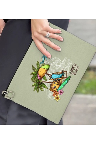 Bk Gift Yaz Temalı-9 Astarlı Mint Yeşili Portföy Çanta 30x21cm, Baskılı El Çantası, Organizer Çanta Yeşil