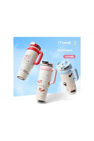 Jian Fan Termos Kupası Kız Çocuk Büyük Kapasiteli Buz Fincan Hasır Bardak - Pembe Pembe