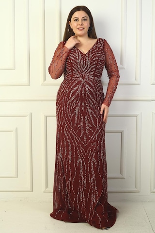 By Saygı Ön Arka V Yaka Kolları Tüllü Astarlı Taşlı Uzun Büyük Beden Elbise-29453 Bordo
