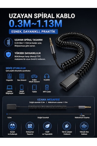 5.1 Aux Araç Kiti Bluetooth Çevirici Adaptör 3.5mm Jack Tak Çalıştır Kablosuz Müzik Alıcı 10m