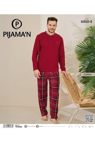 Pijamoni Erkek Standart Kalıp Pamuklu Düğme Yaka Uzun Kol Baharlık Pijama Takımı 6300/5kk - 1 Adet Kırmızı