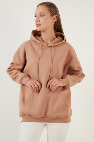 Lela Regular Fit Pamuklu Kapüşonlu Yaka Şardonlu Kışlık Bayan Sweat 5863854 Bisküvi