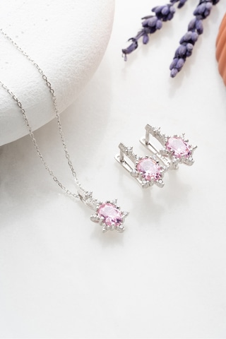 Nereze 925 Ayar Gümüş Pembe Oval Taşlı Küpe Ve Kolye Set