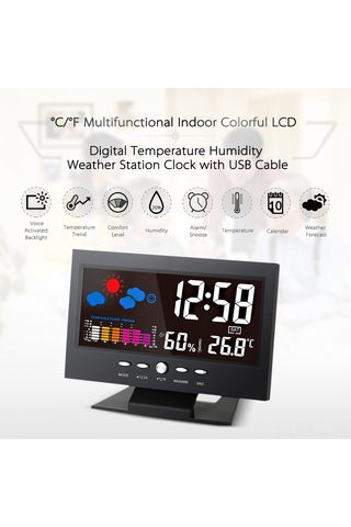 Gajeena Sıcaklık Nem Ölçer Hava Tahmini Saati, Renkli Ekran, Sesli Kontrol Işıklı, Usb Kablolu, Pil Yok Abs, Siyah