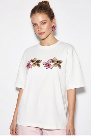 Shade Kadın Bisiklet Yaka Taş Baskı Detaylı Oversize Pamuklu T-shirt Öt100013 60286272 - Beyaz-pembe