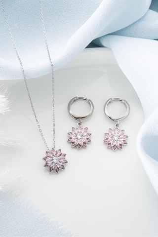 Çekirdekjewelry 925 Ayar Gümüş Lotus Kolye Küpe Seti Gri Pembe