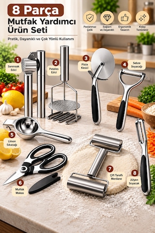 8 Parça Paslanmaz Çelik Mutfak Gereçleri Seti Sarımsak Ezici, Patates Ezici, Pizza Kesici, Soyacak, Limon Sıkacağı Gümüş