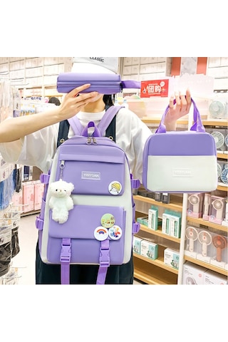 Yeiuyi Öğrenci Okul Çantası Öğle Yemeği Çantası Kalem Çantası Üç Parça Seti Mor