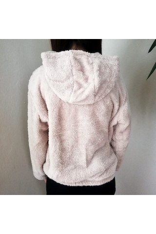 Yumuşacık Peluş Kapşonlu Fermuarlı Sweatshirt Hırka Taş Renk Çok Renkli