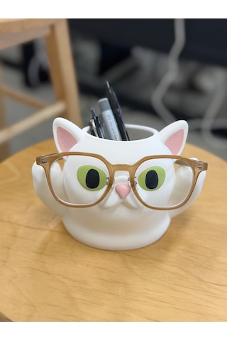 Kedi Tasarımlı Gözlük Ve Kalemlik Standı Çok Amaçlı Masaüstü Organizer 17x12x12cm Beyaz