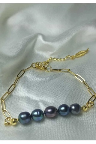 24k Altın Kaplama Gerçek Siyah İnci Kare Zincir Detaylı Tüy Uzatm Gold