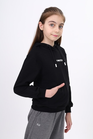 Toontoy Kız Çocuk Oversize Kapüşonlu Cepli Düşük Omuz Baskılı Sweatshirt - 2 İplik Siyah