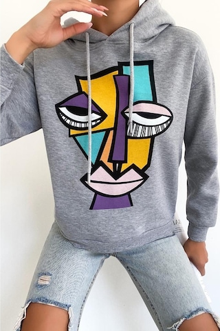 Femelle Kadın Yeni Sezon Karakter Baskılı Kapüşonlu Pamuklu Sweatshirt Gri