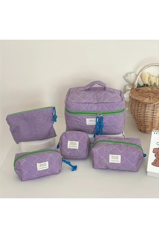 Fochsia Mavi Klasik Ekose Beş Parça Set Çanta Makyaj Çantası Kalemlik Coin Purse Ahşap