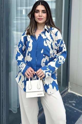 Kadın İndigo Uzun Kol, Arkası Pliseli, Salaş Dökümlü, Viskon Gömlek Indigo