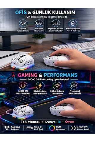 Kablosuz Oyuncu Mouse 24000 Dpı 1000hz Rgb Şarj İstasyonlu Dijital Göstergeli Gaming Mouse Beyaz