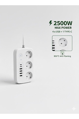Mercansa 2500w Çoklu Priz 2 Metre - 3 Lü Ac Priz +5 Usb Çıkışı Akım Korumalı Alev Almayan Gövde, 11318708